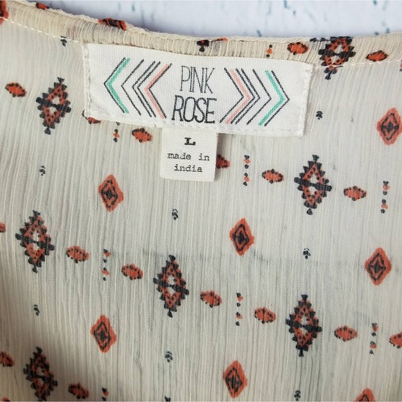 Pink Rose  Womens Semi Sheer Tribal Print Boho Top Size Large - Picture 3 of 7